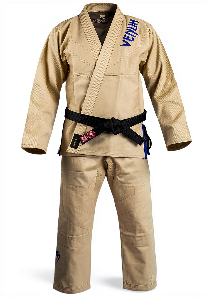 Installing kimono Venum Contender 3.0 uomo 380 gsm Duna on a wooden dojo floor