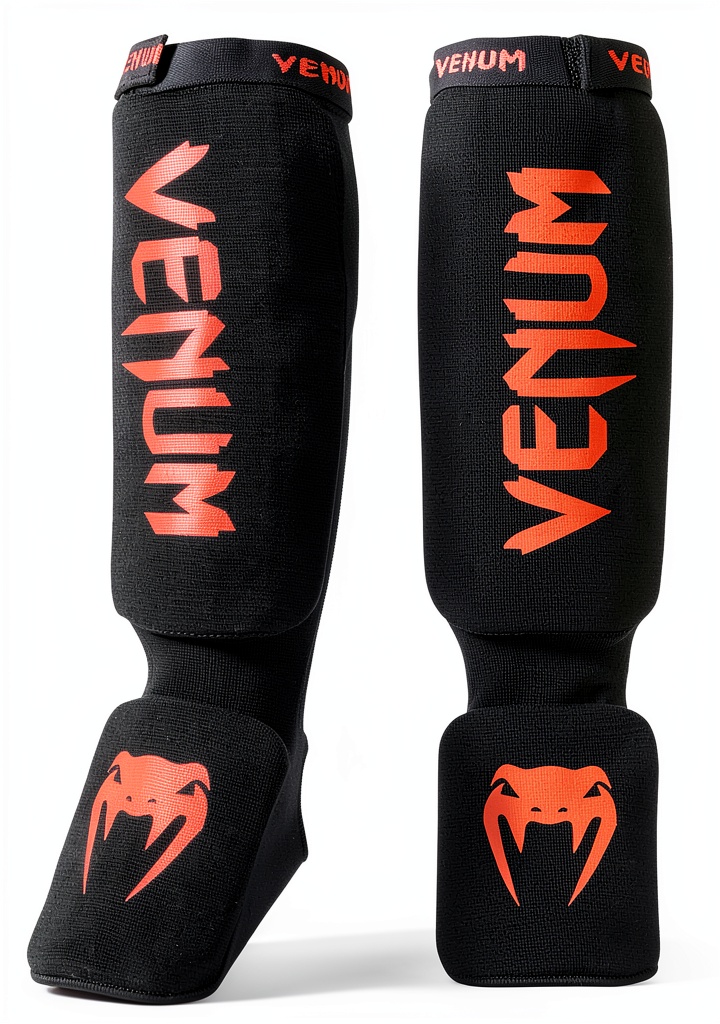 Parastinchi VENUM Nero Rosso montati su stinco durante allenamento kickboxing